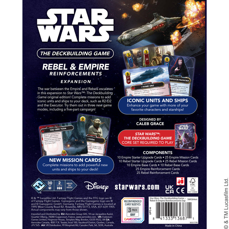 Load image into Gallery viewer, Star Wars: The Deckbuilding Game – Rebel & Empire Reinforcements Expansion - back of box with overview, components lists, and images of game components.