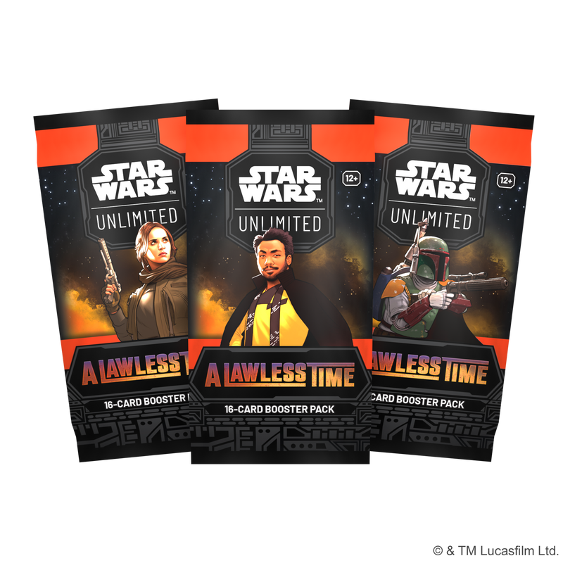 Load image into Gallery viewer, Star Wars: Unlimited - A Lawless Time - Sample of three booster packs with art of Lando Calrissian, Boba Fett and Jyn Erso.