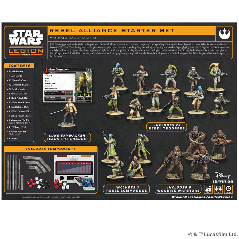 Load image into Gallery viewer, Star Wars: Legion – Rebel Alliance Starter Set - back of box with overview and images of game components.