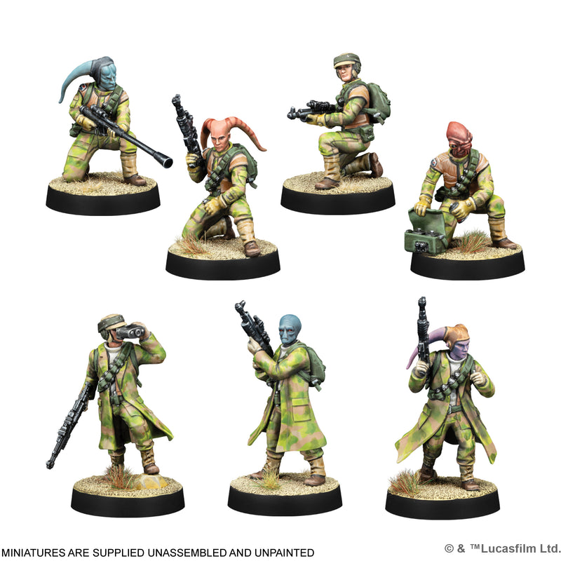 Load image into Gallery viewer, Star Wars: Legion – Rebel Alliance Starter Set - Rebel commando miniatures. Note states miniatures are supplied unassembled and unpainted.