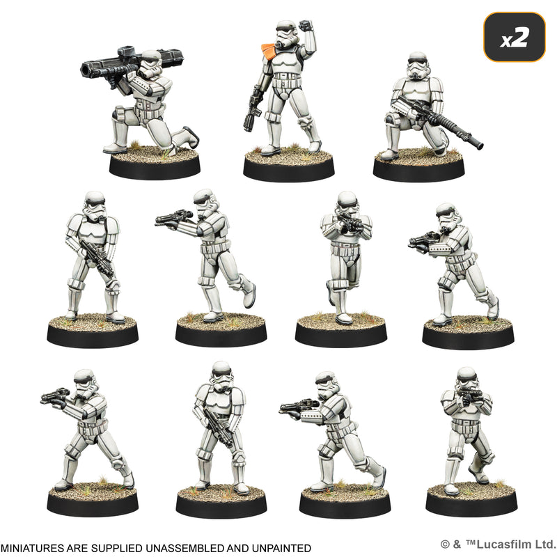 Load image into Gallery viewer, Star Wars: Legion – Galactic Empire Starter Set - stormtrooper miniatures. Note states miniatures are supplied unassembled and unpainted.