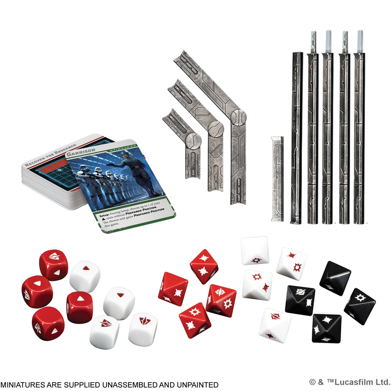 Load image into Gallery viewer, Star Wars: Legion – Galactic Empire Starter Set - sample game components including game cards, range tools, attack dice, and defense dice.