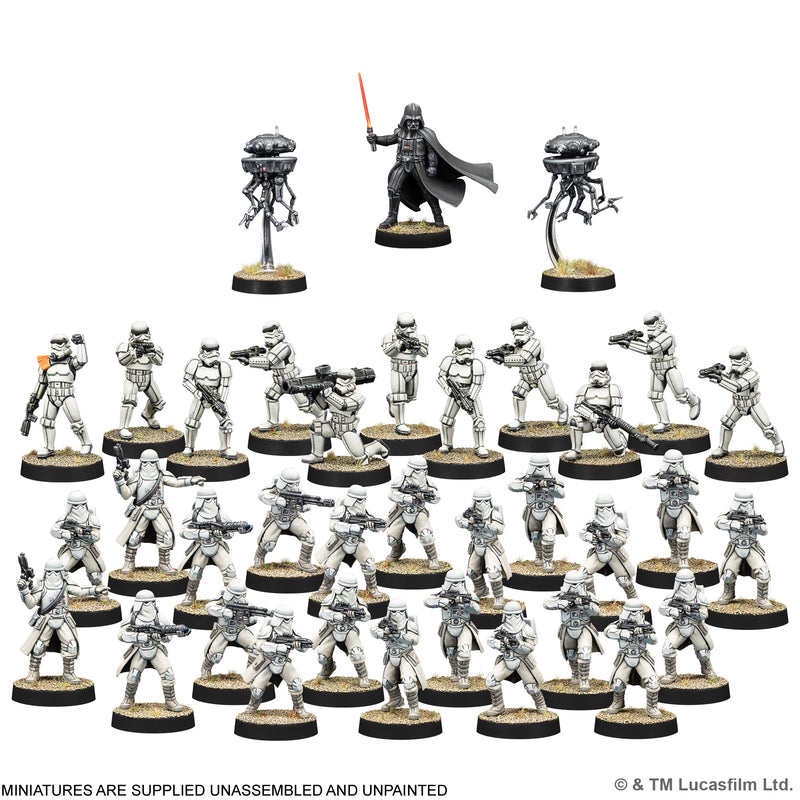 Load image into Gallery viewer, Star Wars: Legion – Blizzard Force Special Edition Army Box miniatures including Darth Vader, Imperial Probe Droid, and Snowtroopers. Note states miniatures are supplied unassembled and unpainted.