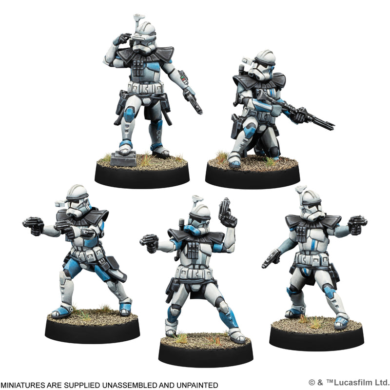 Load image into Gallery viewer, Star Wars: Legion - Galactic Republic Starter Set - ARC trooper miniatures with shown with note that miniatures are supplied unassembled and unpainted.