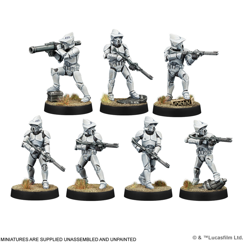 Load image into Gallery viewer, Star Wars: Legion - Galactic Republic Starter Set - ARF troopers miniatures shown with note that miniatures are supplied unassembled and unpainted.
