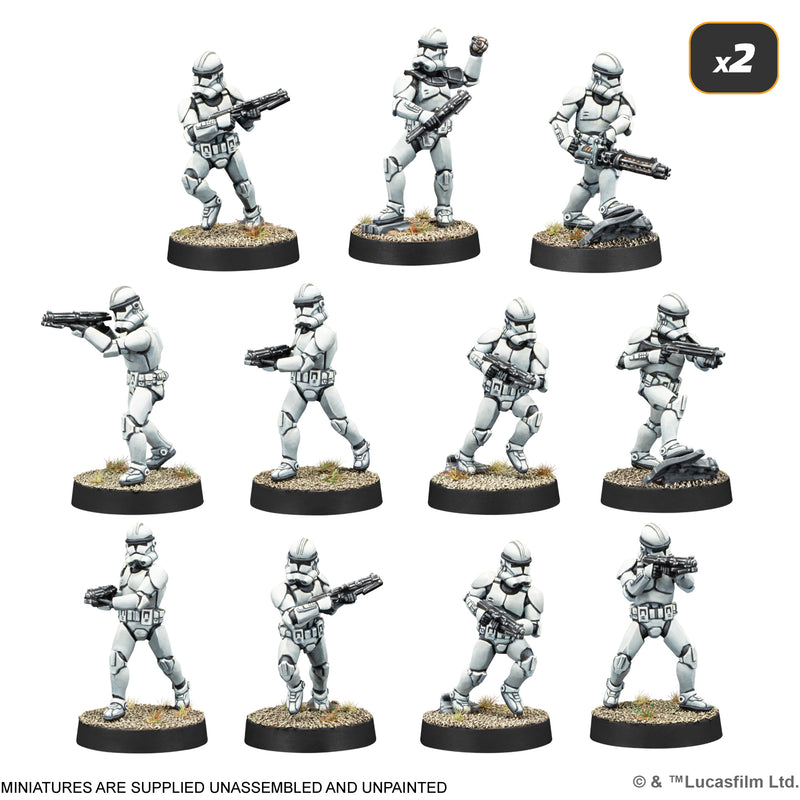 Load image into Gallery viewer, Star Wars: Legion - Galactic Republic Starter Set - clone troopers miniatures shown with note that miniatures are supplied unassembled and unpainted.