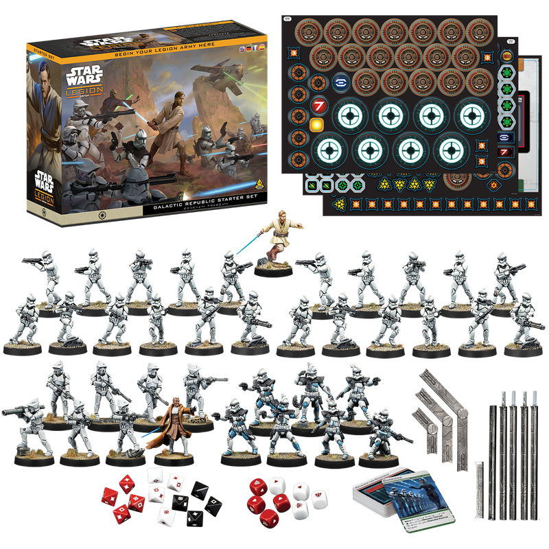 Load image into Gallery viewer, Star Wars: Legion - Galactic Republic Starter Set - box and contents displayed including miniatures, game dice, cards, movement tools, and game tokens.