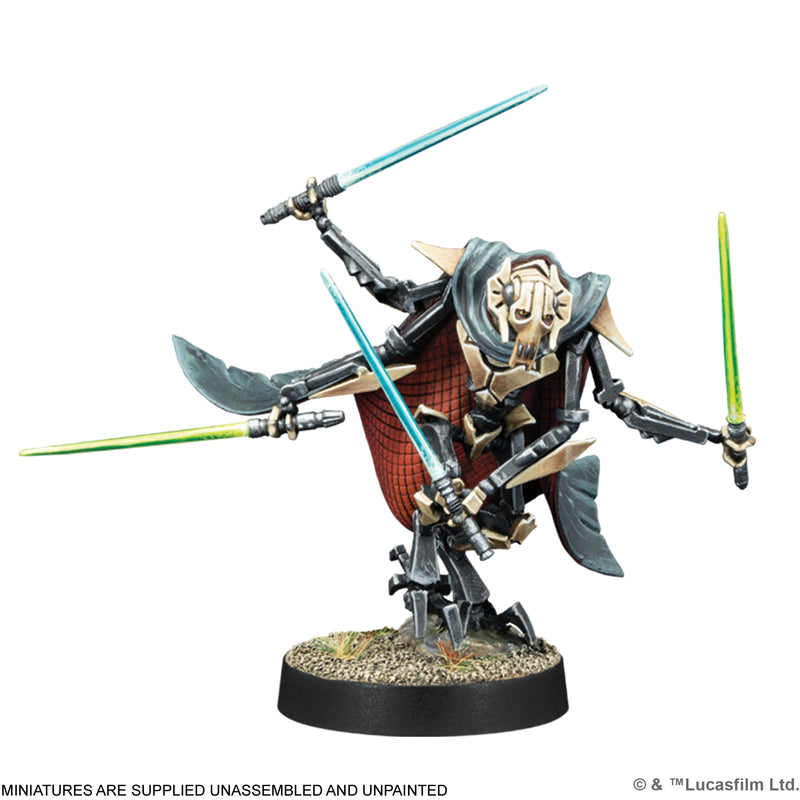 Load image into Gallery viewer, Star Wars: Legion - Separatist Alliance Starter Set - Grievous, Droid Commander miniature shown with note that miniatures are supplied unassembled and unpainted.