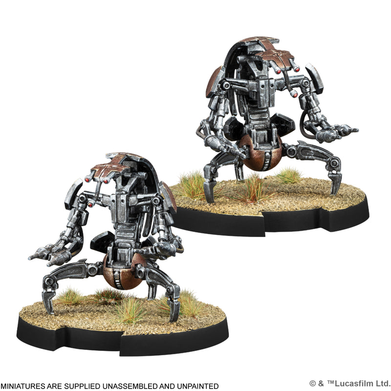 Load image into Gallery viewer, Star Wars: Legion - Separatist Alliance Starter Set - Droidekas miniatures with note that miniatures are supplied unassembled and unpainted.