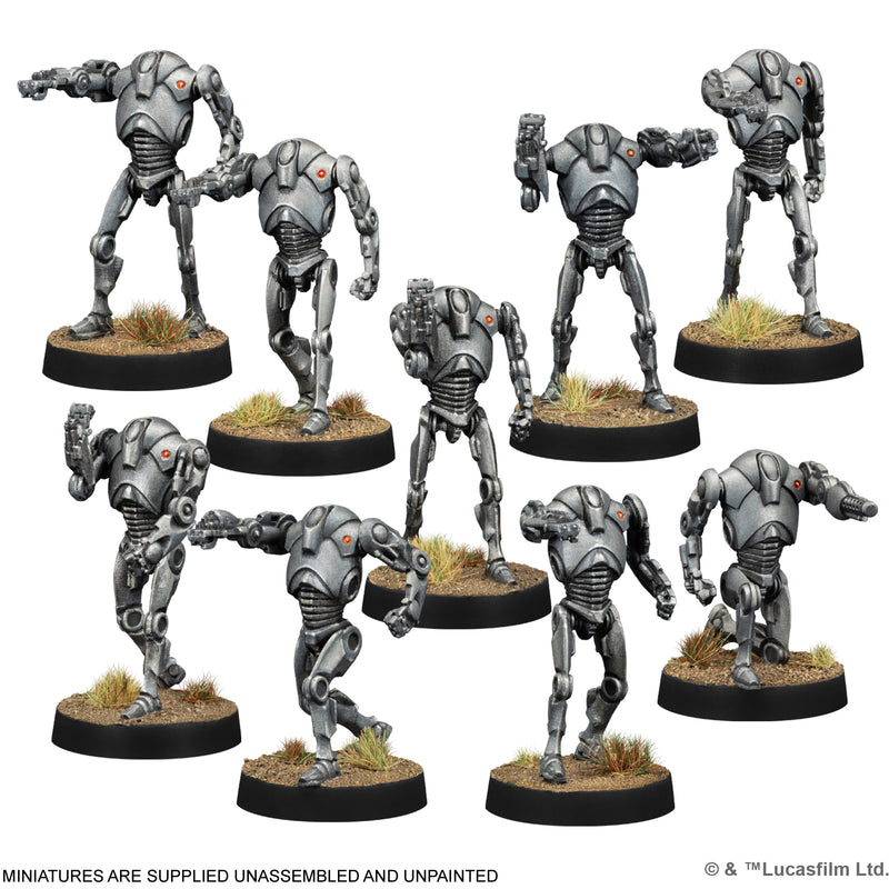 Load image into Gallery viewer, Star Wars: Legion - Separatist Alliance Starter Set - B2 Battle Droid miniatures with note that miniatures are supplied unassembled and unpainted.