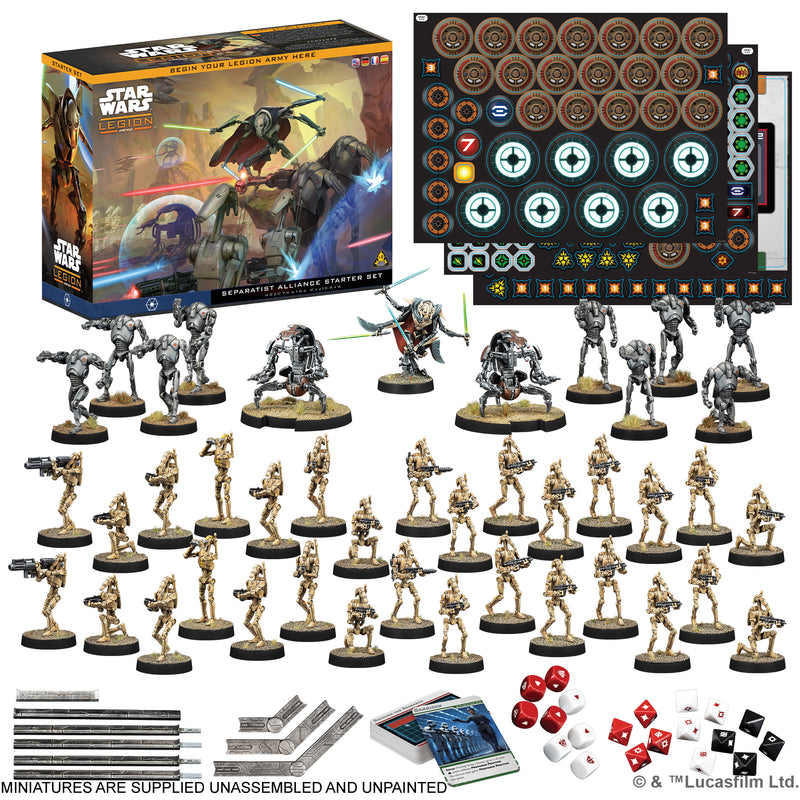 Load image into Gallery viewer, Star Wars: Legion - Separatist Alliance Starter Set - box and contents displayed including miniatures, game cards, dice, movement tools, and game tokens.
