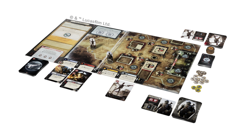 Load image into Gallery viewer, The Mandalorian: Adventures Board Game - view of setup game including mission book, character standees, and character cards.