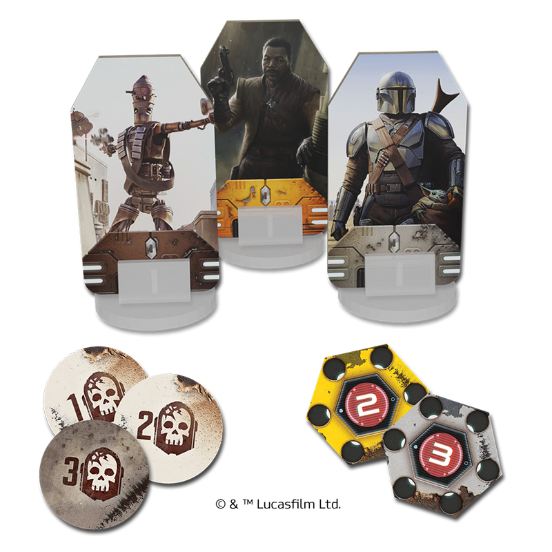 Load image into Gallery viewer, The Mandalorian: Adventures Board Game - sample components shown including character standees and game tokens.