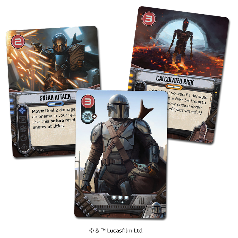Load image into Gallery viewer, The Mandalorian: Adventures Board Game - sample cards shown with different point values and special abilities including 'calculated risk' and 'sneak attack' cards.