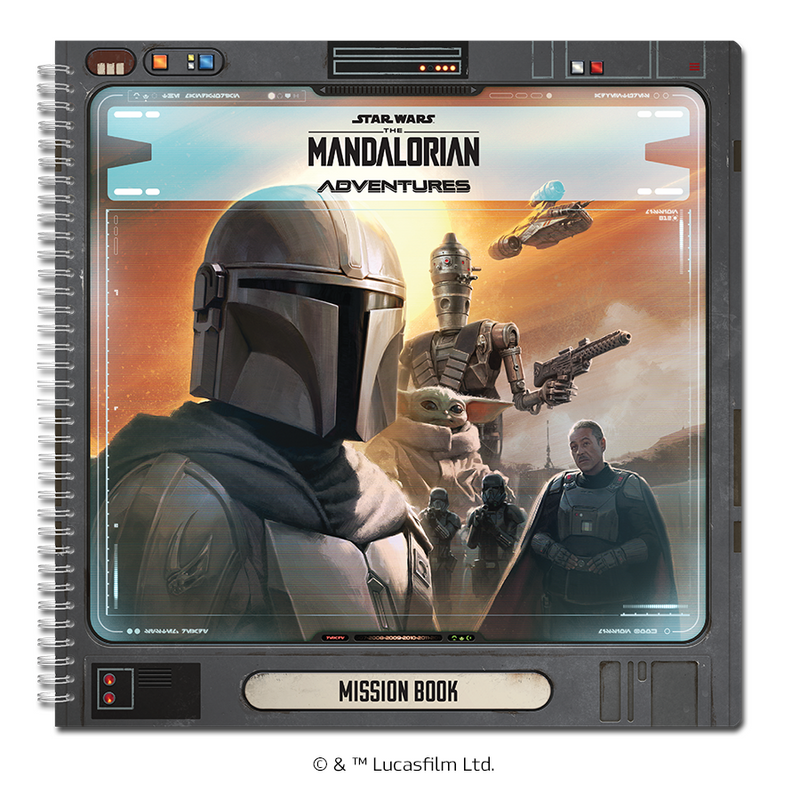 Load image into Gallery viewer, The Mandalorian: Adventures Board Game - mission book displayed with front of book featuring art of The Mandalorian characters.