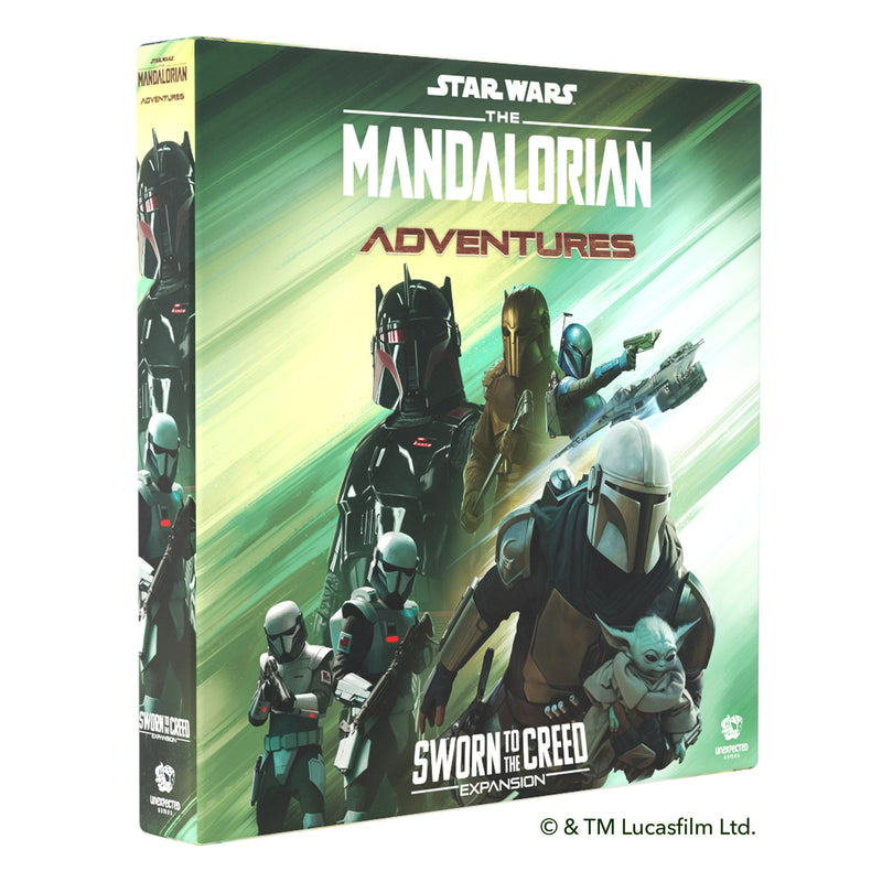 Load image into Gallery viewer, The Mandalorian: Adventures - Sworn to the Creed Expansion front of box with art of The Mandalorian characters.