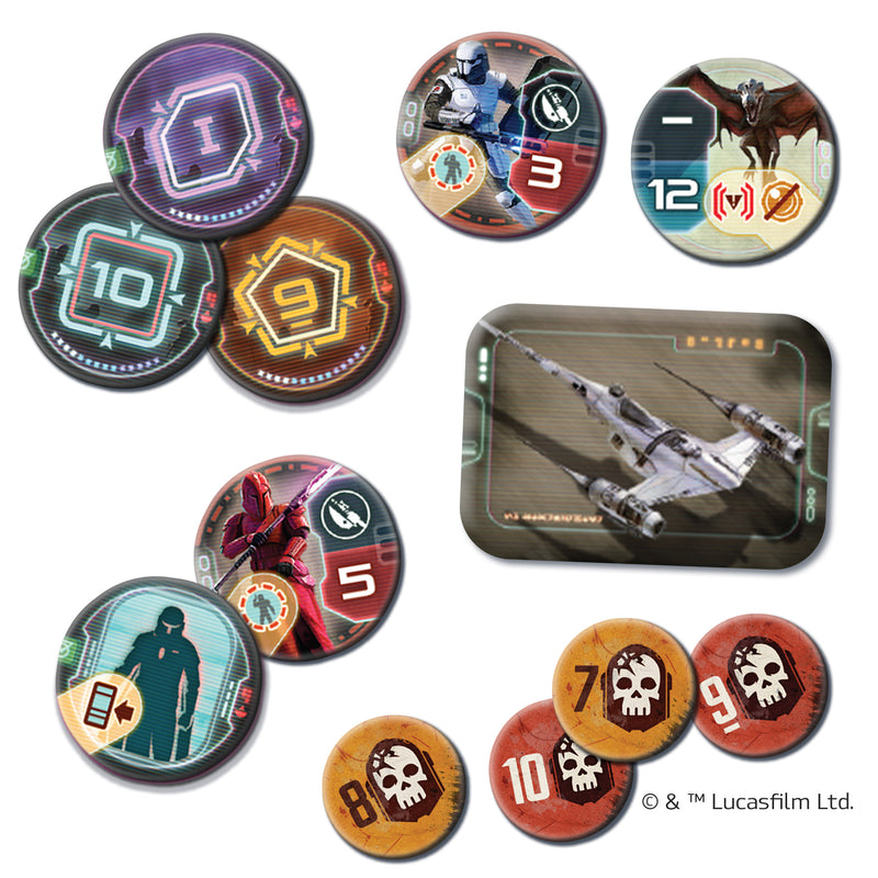Load image into Gallery viewer, The Mandalorian: Adventures - Sworn to the Creed Expansion components including damage tokens and ship token.