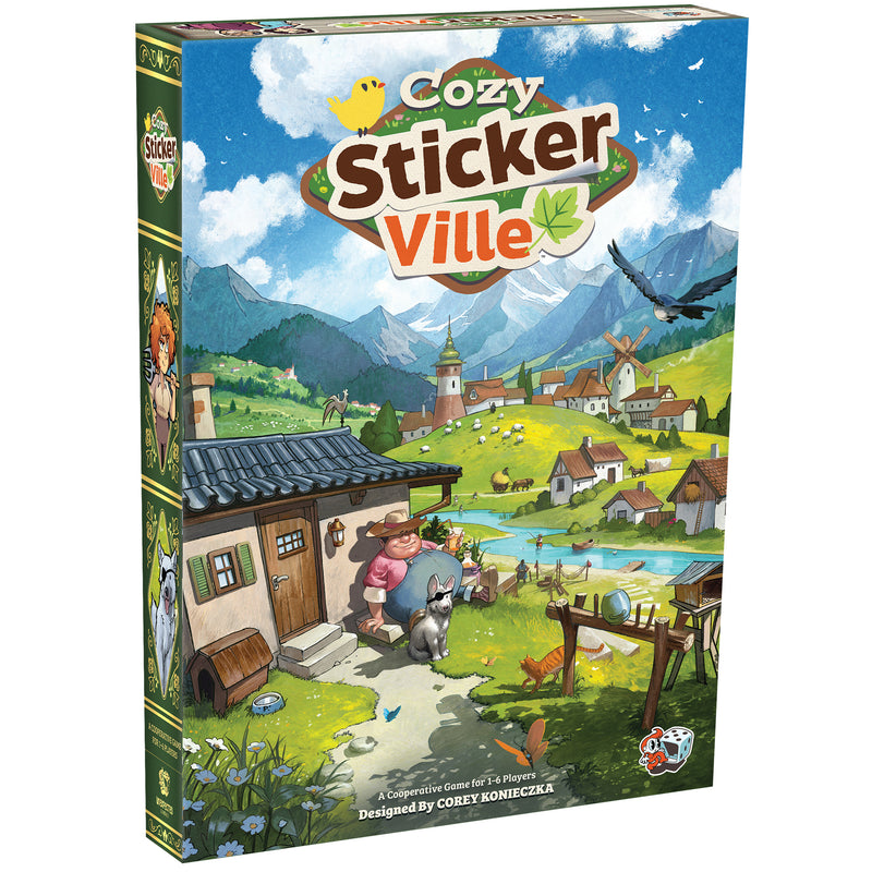 Load image into Gallery viewer, Cozy Stickerville board game front of box with art of farmer and town.