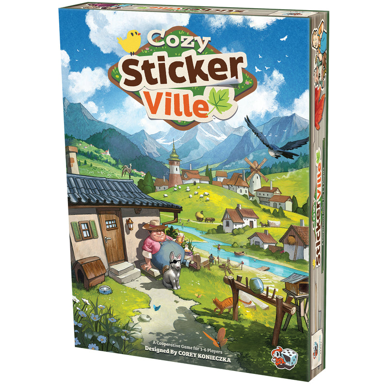 Load image into Gallery viewer, Cozy Stickerville board game front of box with art of farmer and town.