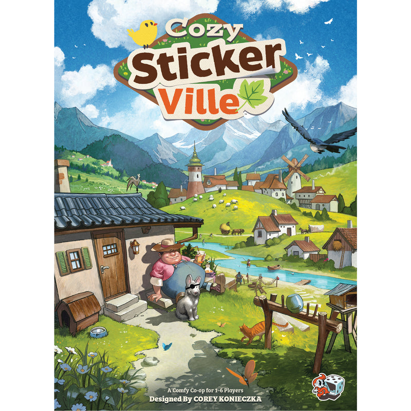 Load image into Gallery viewer, Cozy Stickerville board game front of box with art of farmer and town.