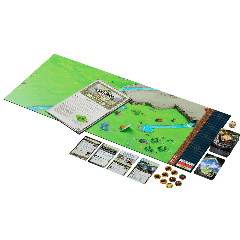 Load image into Gallery viewer, Cozy Stickerville board game components including storybook, board, cards, and tokens.