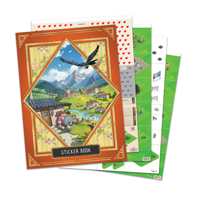 Load image into Gallery viewer, Cozy Stickerville board game components including sticker book with artwork of town.