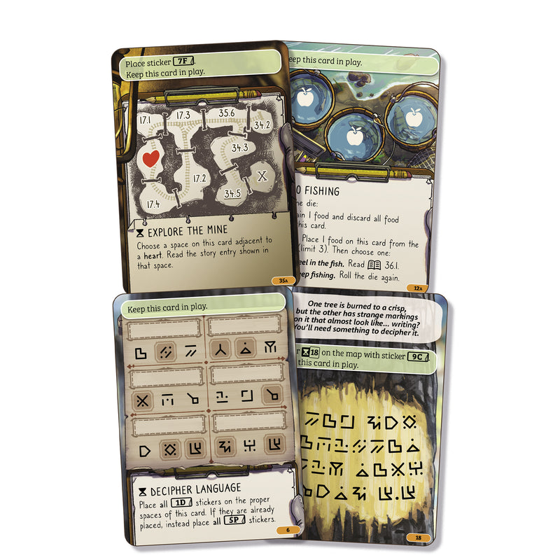 Load image into Gallery viewer, Cozy Stickerville board game array of cards including Explore the Mine and Decipher Language cards.