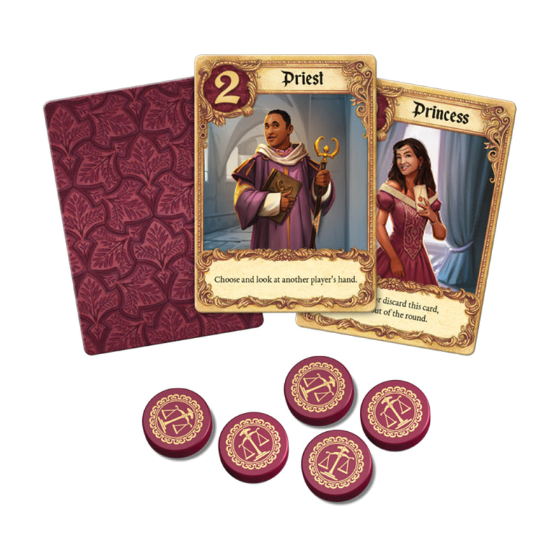 Load image into Gallery viewer, Love Letter Classic (Eco Box) card game components shown including game tokens, Priest card, and Princess card.