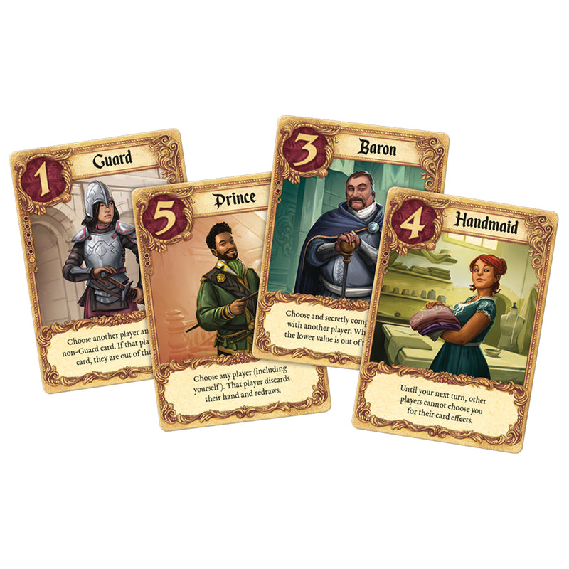 Load image into Gallery viewer, Love Letter Classic (Eco Box) card game set of four character cards displayed, including prince card, baron card, guard card, and handmaid card.