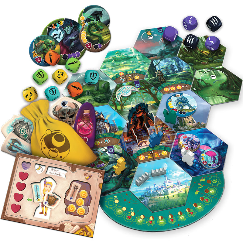 Load image into Gallery viewer, Chronicles of Avel Board Game - sample components shown including character card, draw bag, game dice with custom icons, and game board with map tiles.