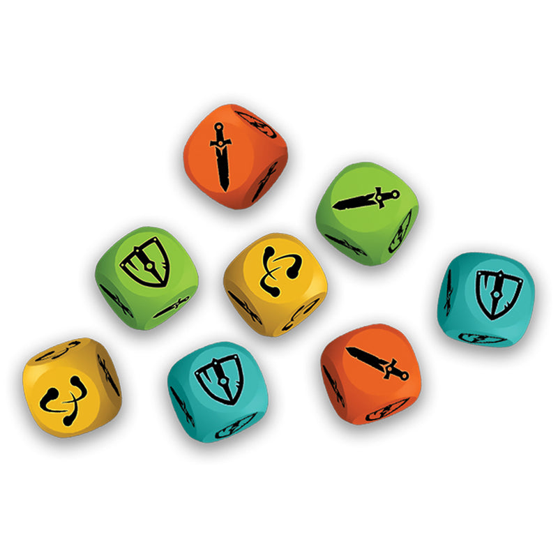 Load image into Gallery viewer, Chronicles of Avel Board Game - sample game dice shown with custom icons on each die front.