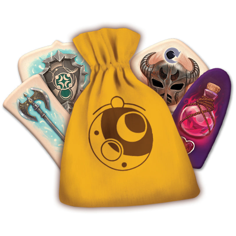 Load image into Gallery viewer, Chronicles of Avel Board Game - sample components shown including yellow drawstring bag, axe token, shield token, and potion token.