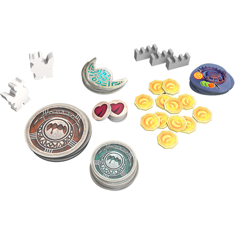 Load image into Gallery viewer, Chronicles of Avel Board Game - sample game components shown including white meeples, castle walls, and heart tokens.