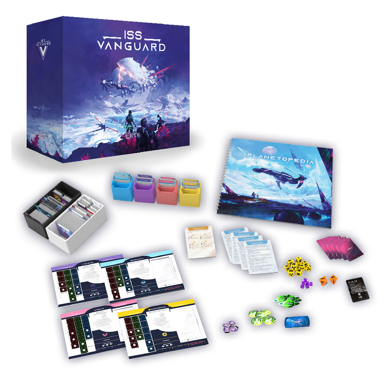 Load image into Gallery viewer, ISS Vanguard Board Game - box and contents displayed including rulebook, game cards, player boards, and dice.