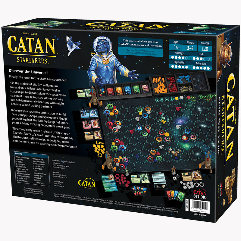Load image into Gallery viewer, CATAN - Starfarers 2nd Edition Board Game back of box with game overview and image of game contents including game board, cards, and tokens.