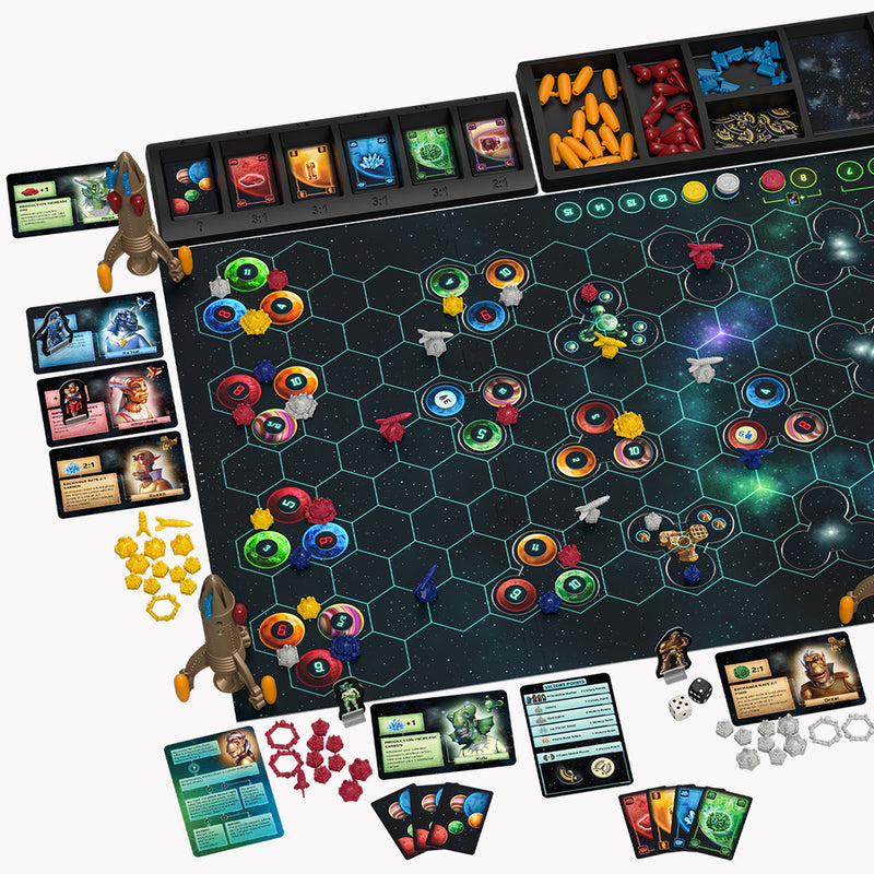 Load image into Gallery viewer, CATAN - Starfarers 2nd Edition Board Game contents including game board, cards, and spaceship tokens.