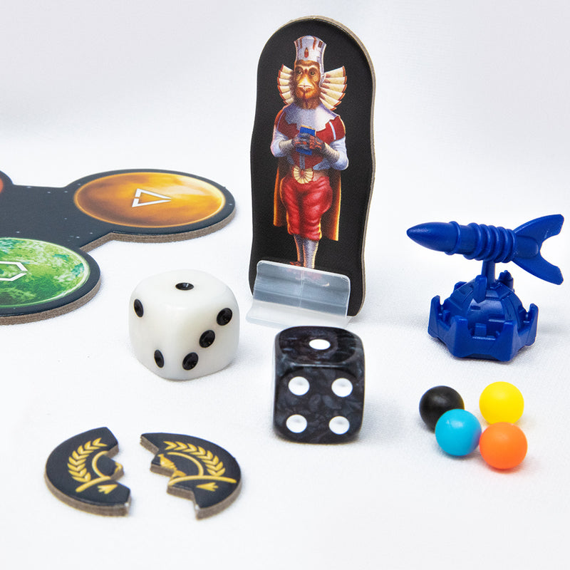 Load image into Gallery viewer, CATAN - Starfarers 2nd Edition Board Game components including dice, spaceship meeple, and character token.