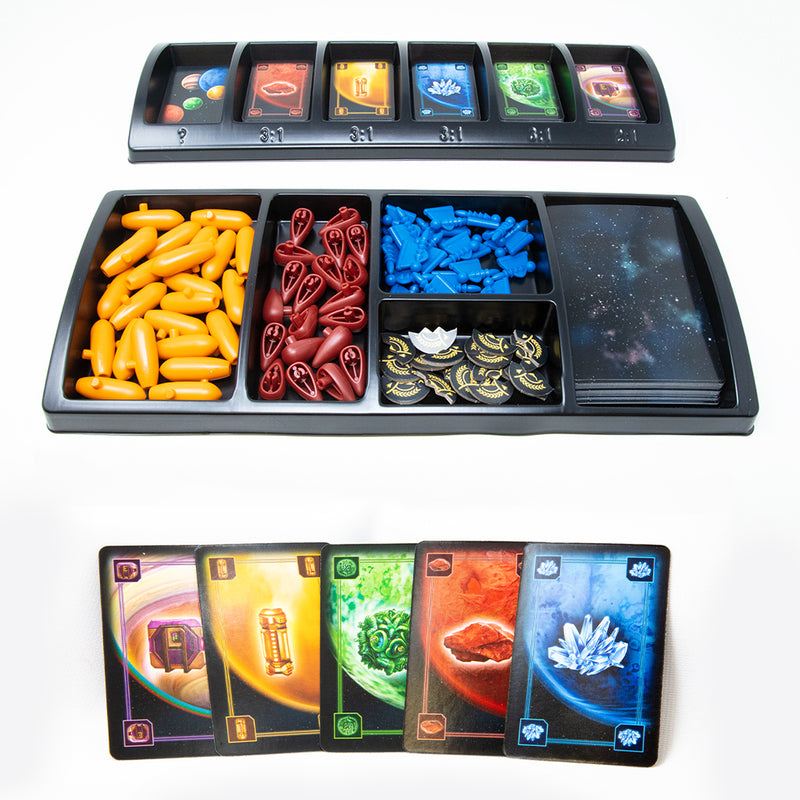 Load image into Gallery viewer, CATAN - Starfarers 2nd Edition Board Game components including cards, storage trays, and tokens.