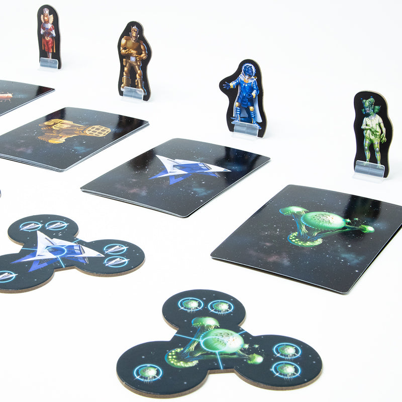 Load image into Gallery viewer, CATAN - Starfarers 2nd Edition Board Game components including character standees, cards, and space tokens.