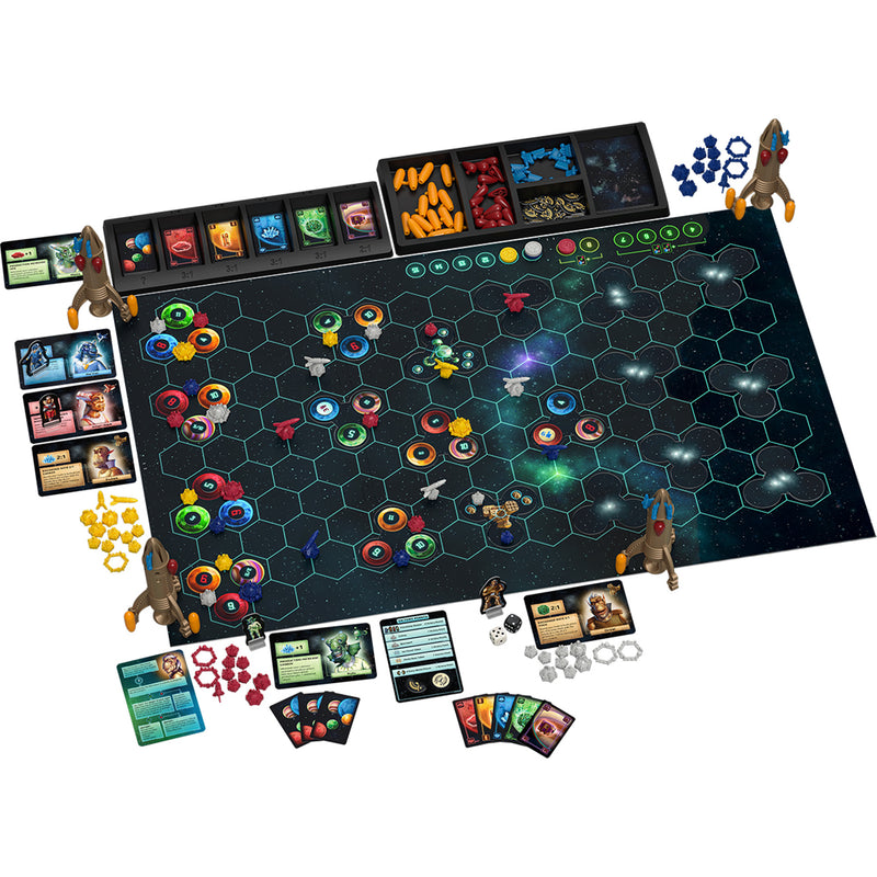 Load image into Gallery viewer, CATAN - Starfarers 2nd Edition Board Game contents including game board, cards, and spaceship tokens.