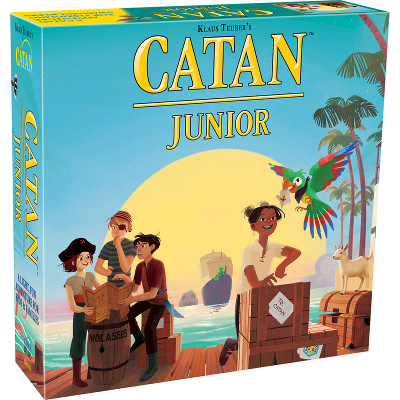 Load image into Gallery viewer, CATAN - Junior Board Game front of box with cartoon style art of pirates, sea, and setting sun.