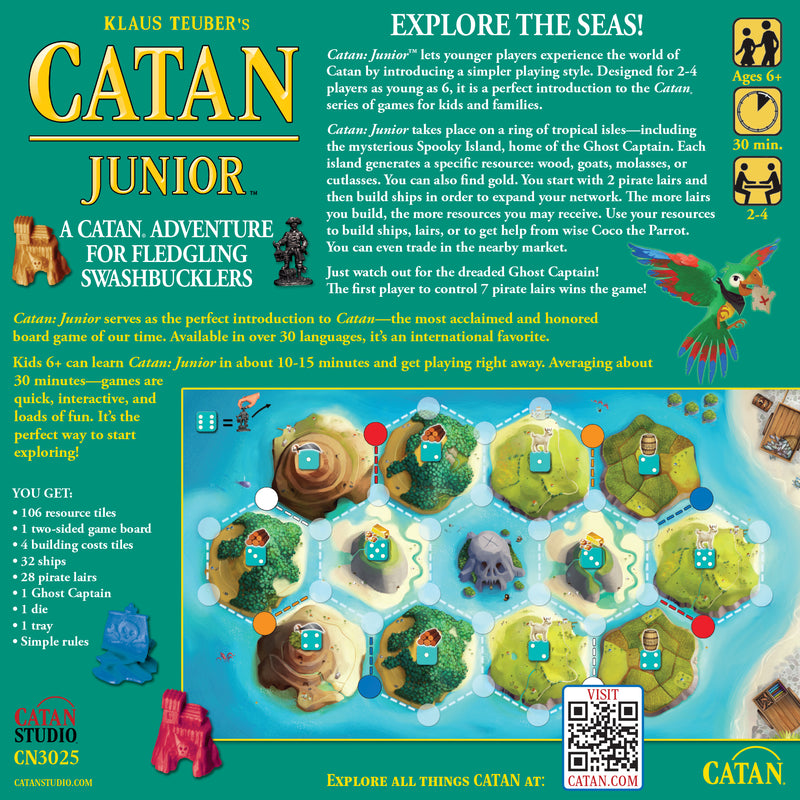 Load image into Gallery viewer, CATAN - Junior back of game box with game overview and mage of game contents.