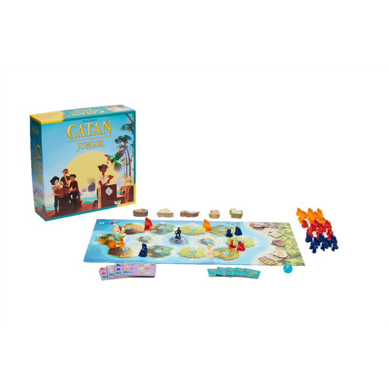 Load image into Gallery viewer, CATAN - Junior game box and board game contents including game board and, meeples, and game cards.