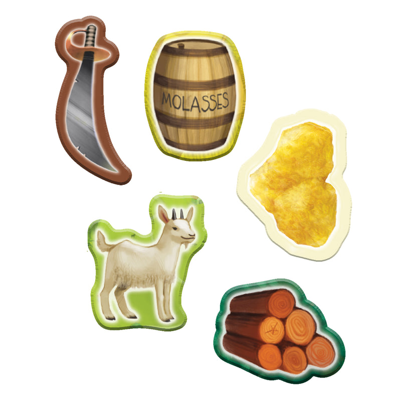 Load image into Gallery viewer, CATAN - Junior game tokens including sword, molasses, goat, wood, and gold tokens.