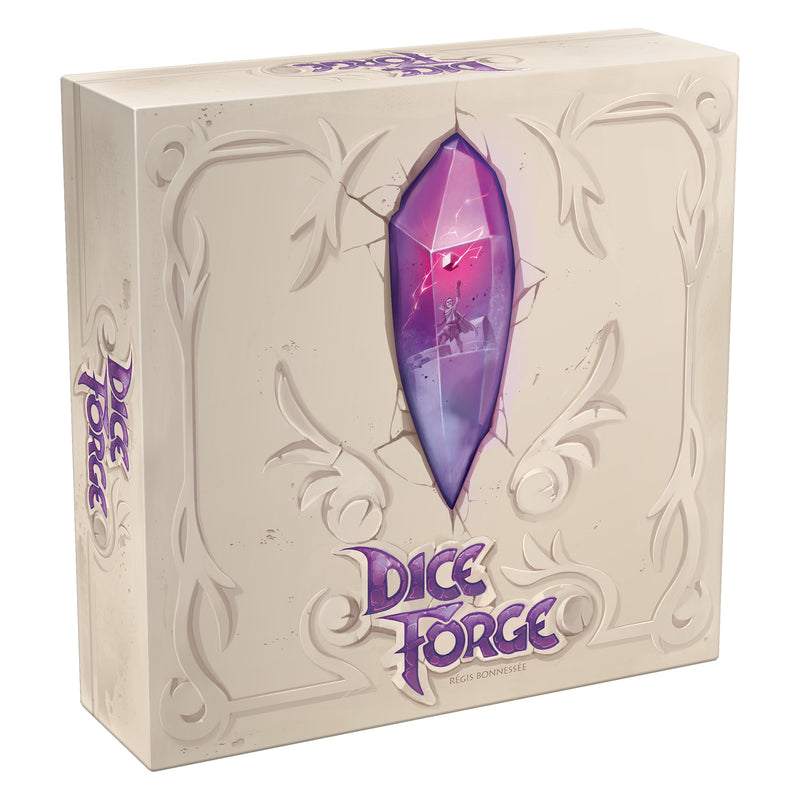 Load image into Gallery viewer, Dice Forge Board Game - front of box featuring art of large purple gem in the center of the box.