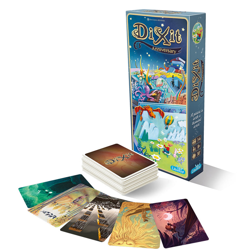 Load image into Gallery viewer, Dixit: Anniversary Board Game Expansion - box and sample cards displayed with variety of fantasy style art pieces.