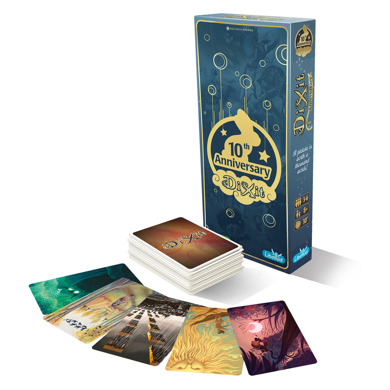 Load image into Gallery viewer, Dixit: Anniversary Board Game Expansion - box and sample cards displayed with variety of fantasy style art pieces.