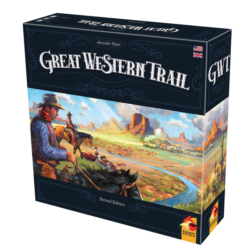 Load image into Gallery viewer, Great Western Trail Board Game - front of box featuring illustration of cowboys on the frontier.