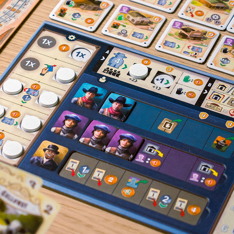 Load image into Gallery viewer, Great Western Trail Board Game - view of sample game components including game board with three different tracks, game tokens, and game tiles.