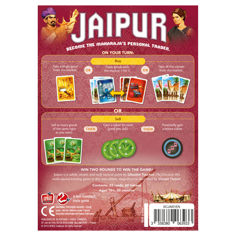 Load image into Gallery viewer, Jaipur Board Game - back of box with game overview and images of sample components.